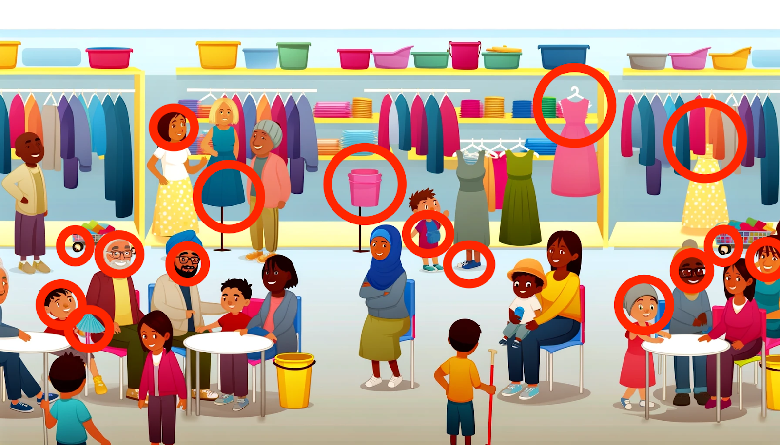 Illustration of a variety of people in a store with errors circled. 
