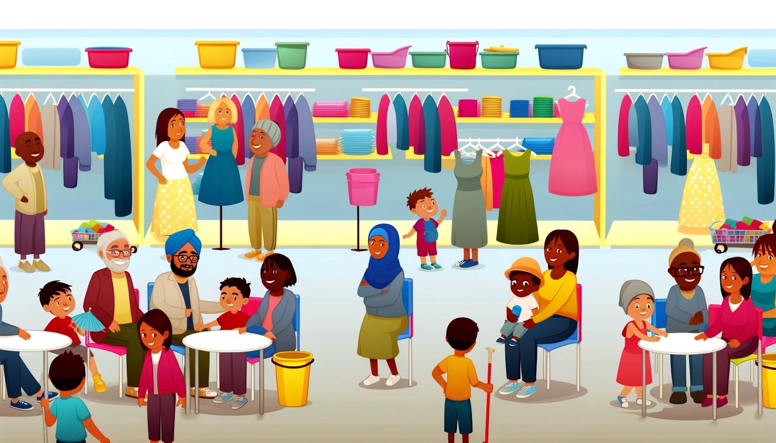Illustration of a variety of people in a store. 