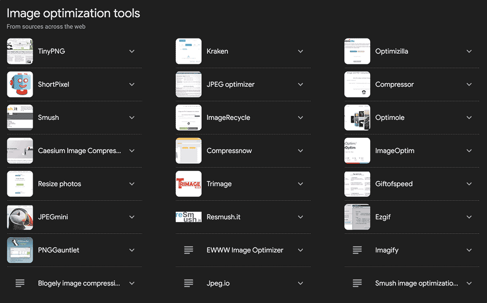 List of image optimization tools from Google. 