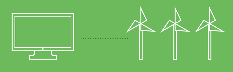 Computer icon being powered by three windmill icons on green background