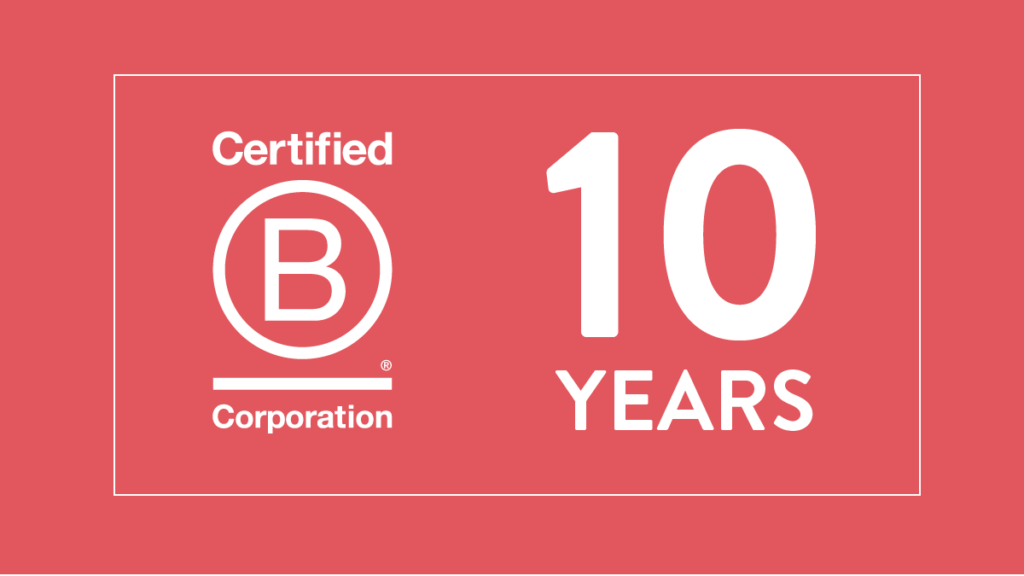 Graphic showing Certified B Corp logo and the words '10 years'