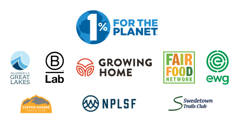 Image of 1% for the Planet logo with logos for various beneficiary organizations beneath it.