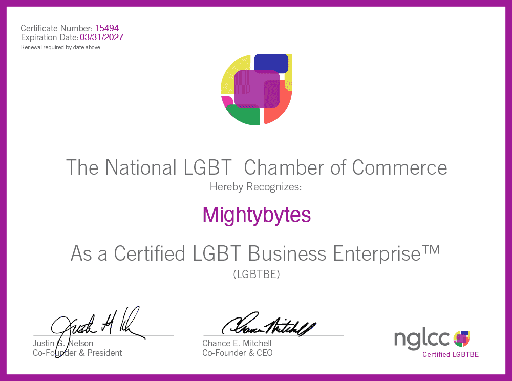 Mightybytes' Certified LGBT Business Enterprise certificate from NGLCC.
