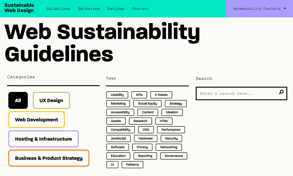 Image showing categories, tags, and search features of sustainablewebdesign.org.
