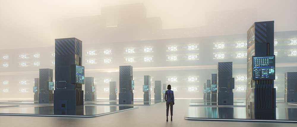 Image of a person standing before an array of large computers in a hazy city.