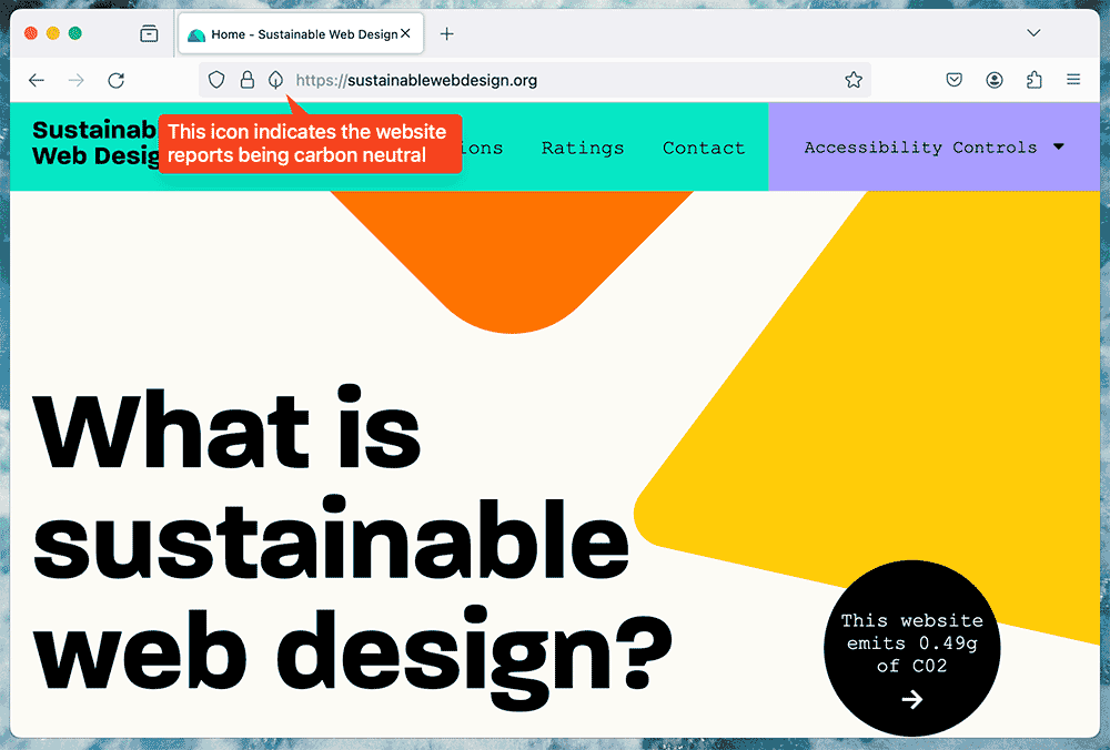 Image of the Sustainable Web Design site with an icon indicating the website reports being carbon neutral.