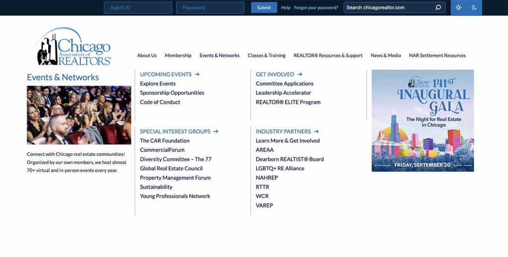 Chicago Association of Realtors mega menu, including various navigation categories and related links