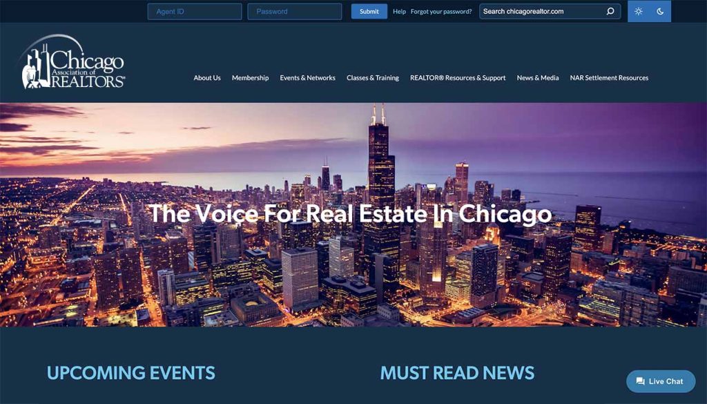 Image of the CAR website in dark mode, including an image of the Chicago skyline at night.