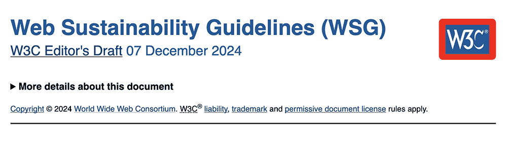 Image of W3C's Web Sustainability Guidelines (WSG) editors draft from December 2024, including W3C logo