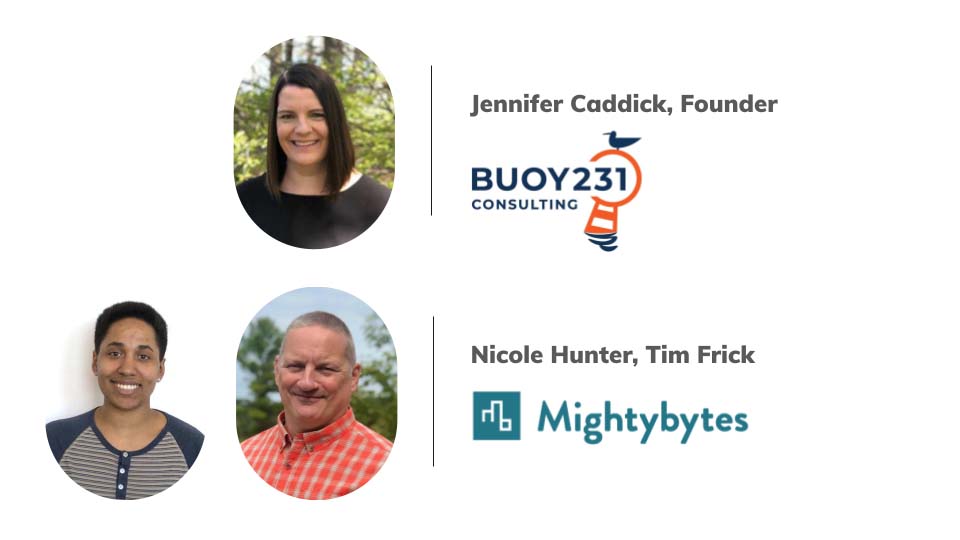 Photos of Jennifer Caddick from Buoy231 Consulting and Nicole Hunter and Tim Frick from Mightybytes with their company logos.