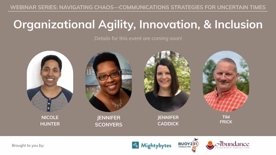 Promotional graphic for webinar based on organizational agility, innovation, and inclusion with photos of speakers.
