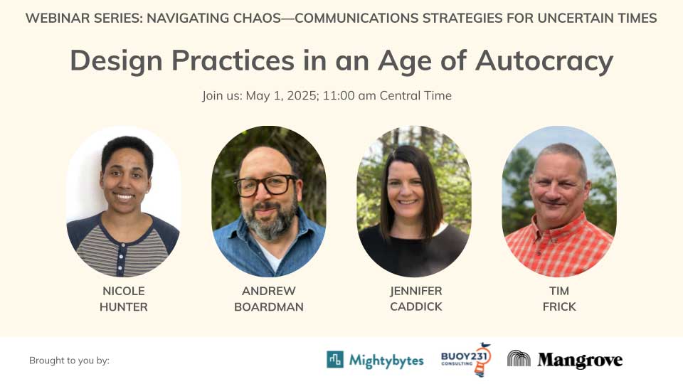 Promotional graphic for webinar covering design practices in an age of autocracy with speaker photos.